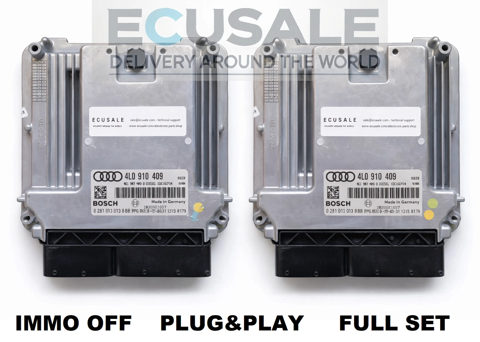 Set of two engine controllers 4L0910409 / 0281013013 for Audi Q7 4.2 TDI – Master + Slave ECU ENGINE CONTROLLER set prepared in IMMO OFF version ready for Plug & Play installation.